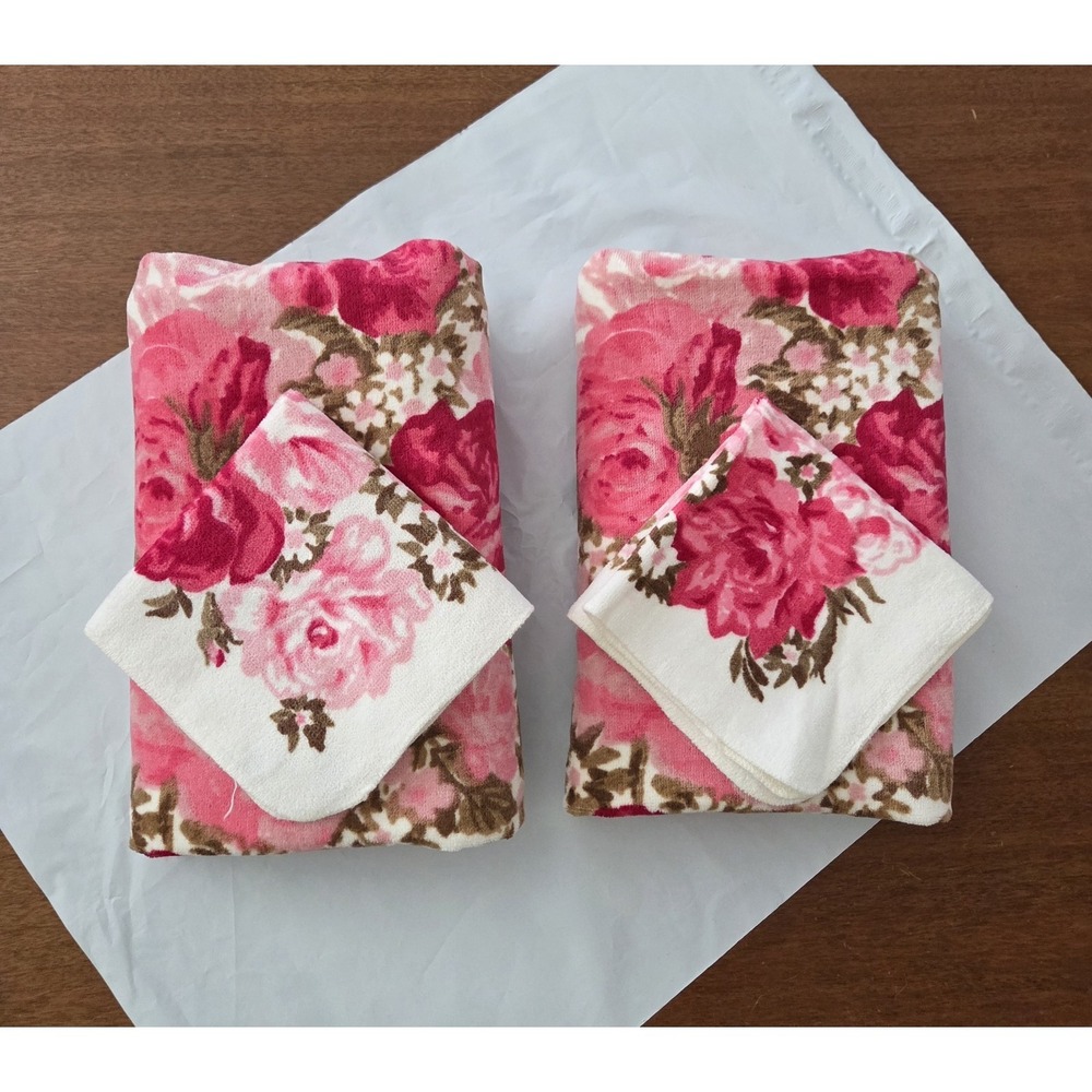Vtg‎ Martex Roses Four Piece Bath Towel Set Floral Wash Cloths Vibrant Victorian